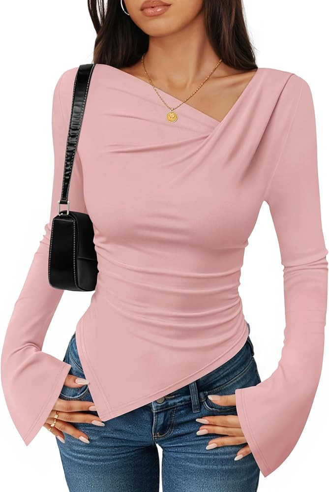 ZESICA Women's Long Bell Sleeve Shirts 2026 Fall Going Out Asymmetrical Crop Tops Slim Fit Ribbed... | Amazon (US)