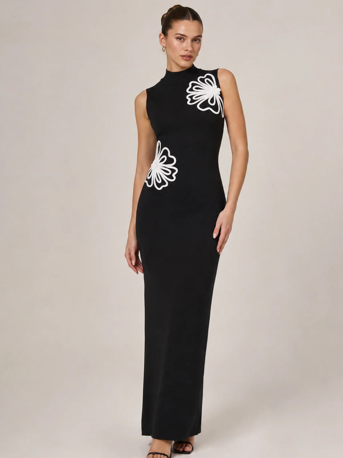 High Neck Floral Applique Knit Maxi Dress | Commense