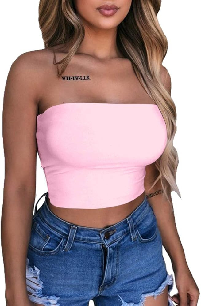 LAGSHIAN Women's Sexy Crop Top Sleeveless Stretchy Solid Strapless Tube Top | Amazon (US)