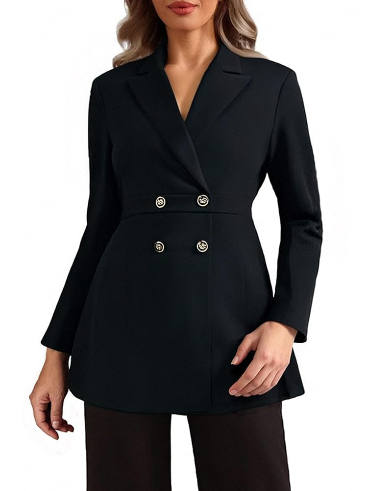 Women's Notched Lapel Collar Coat Double Breasted Long Sleeve Elegant Work Peacoat | Amazon (US)