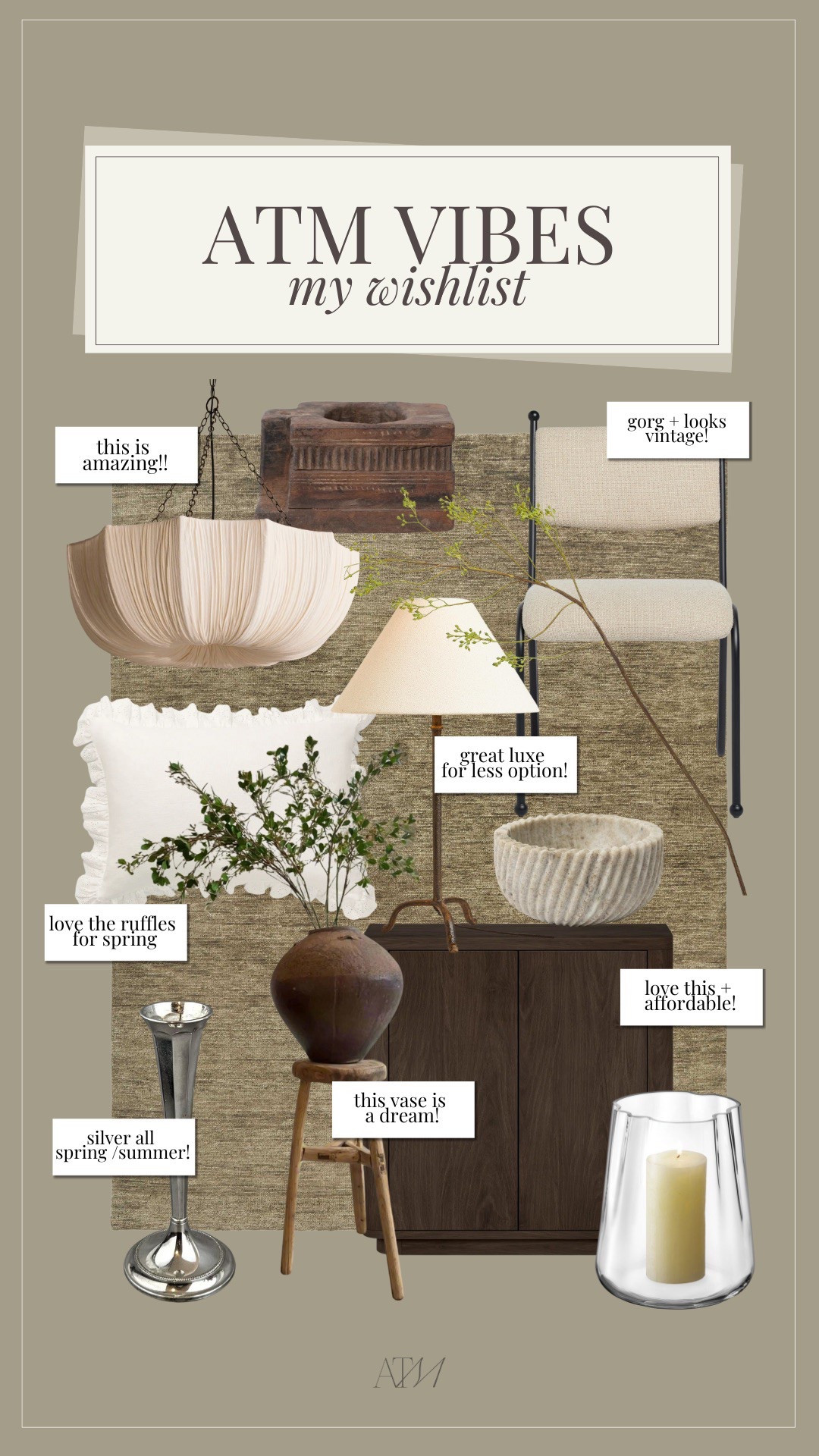 ATM Vibes - my wishlist!

home finds, earthy home finds, spring home trends, spring home finds, zara home, marble bowl, mcgee & co, ruffle pillow, wood decor, green area rug, silver vase, silver home decor, trending home finds

#LTKStyleTip #LTKSeasonal #LTKHome