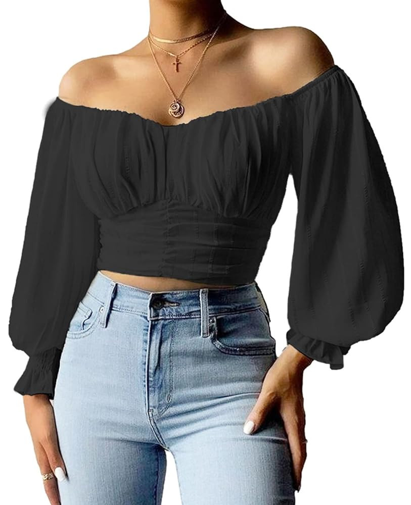 MIRACMODA Woman Off Shoulder Ruched Tie Back Lantern Sleeve Crop Tube Top Chiffon Blouse | Amazon (US)