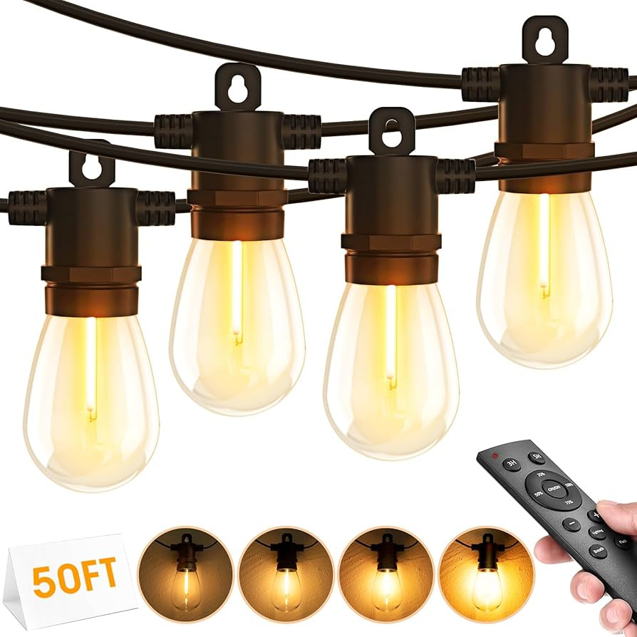 Outdoor String Lights with Remote - Dimmable 50FT IP65 Waterproof Patio Lights with Edison Bulbs ... | Amazon (US)