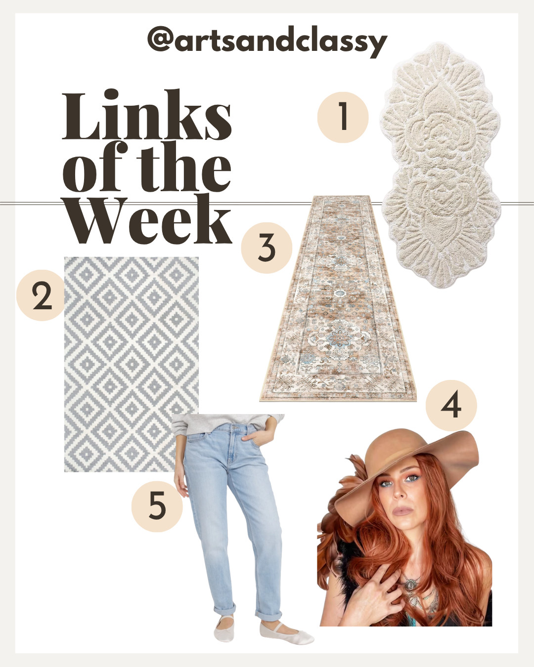 This week’s Top 5 most loved from my LTK shop are all about cozy textures, neutral tones, and serious home style goals—plus a few amazing deals! From the Riviera Bath Mat in my master bathroom (on sale!) to the Scandinavia Diamond Rug on clearance, these finds have been major favorites. The Pauwer washable runner rug is under $40 and tall on charm, while the Vixen and Fox feather hat brings all the vintage boho drama. And rounding it out is the Old Navy Boyfriend Straight Jean—a comfy classic on super sale and available in tall, petite, and regular lengths. Which one’s your fave this week? 

 #LTKHome #LTKSaleAlert #LTKStyleTip