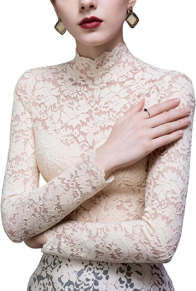 Women's Sexy Slim Fitting Long Sleeved Turtleneck Pullover Bottom Shirt Mesh Lace Perspectives T-... | Amazon (US)