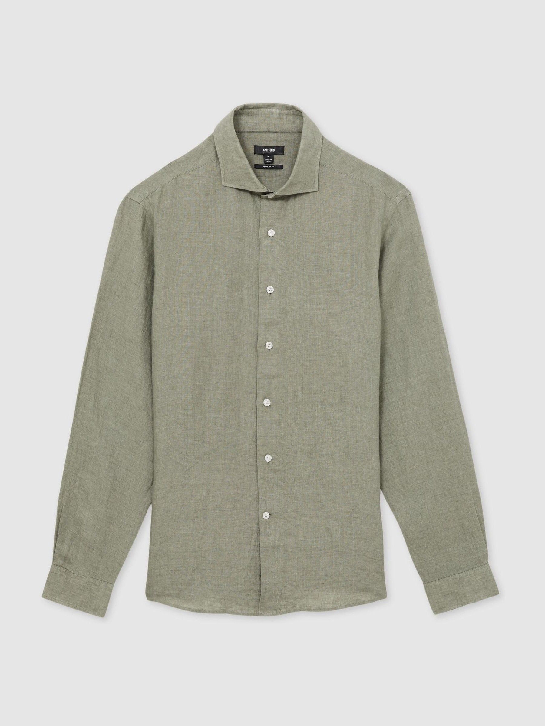 Linen Cutaway-Collar Shirt in Thyme Green | Reiss UK