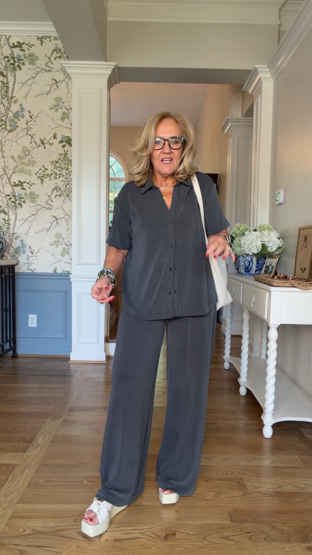 Set is already on sale so you can’t use the discount code. My apologies. But here’s the code in case you find a regular priced item to purchase Spanx 25% off with code AE25 air essentials only 
Wearing a size medium in the top and medium petite in the pants the pants do run long
20% off my bracelet stack code Nanette20 it’s already sold out once
20% off my earrings and necklaces code TAKE20

#LTKOver40 #LTKSaleAlert #LTKootd
