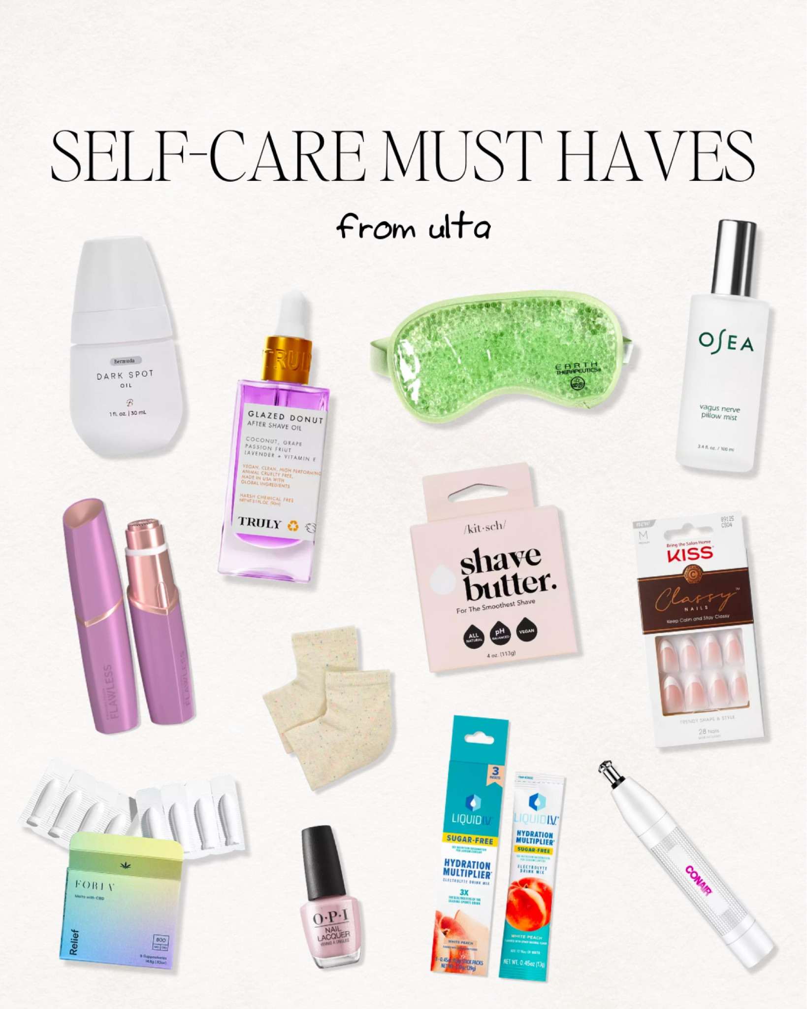 Ulta finds, pillow spray, deodorant, face shaver, razor, shave butter, eye mask, self care, pms, period, lazy, easy, liquid iv, fake nails, kiss nails, foria, socks, spa

#LTKbeauty #LTKMostLoved #LTKGiftGuide