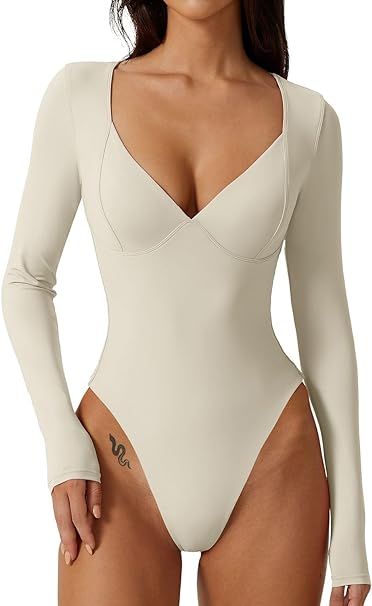 QINSEN Women's Long Sleeve Bodysuit V Neck Body Suits Seamed Cup Going Out Tops Shirt | Amazon (CA)