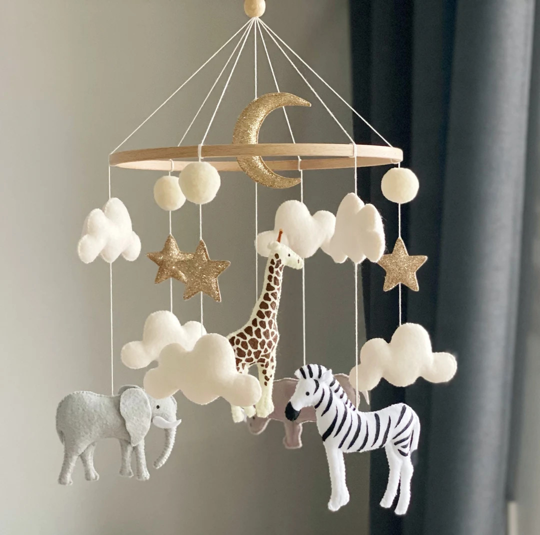 Baby mobile neutral animals Africa nursery mobile felt Africa safari giraffe, zebra,hippo and ele... | Etsy (US)
