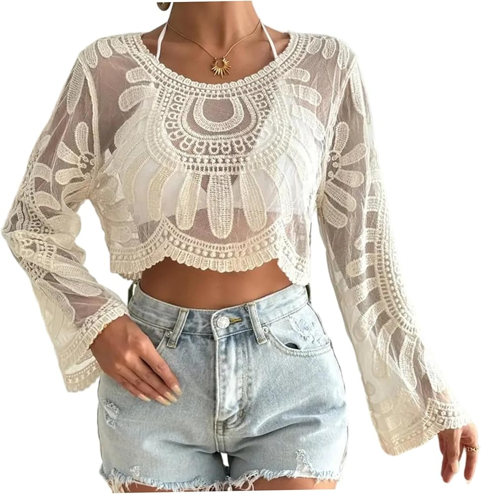 Floral Embroidered Top Boho Semi-Sheer Round Neck Lace Long Sleeve Tops for Women Lightweight Com... | Amazon (US)