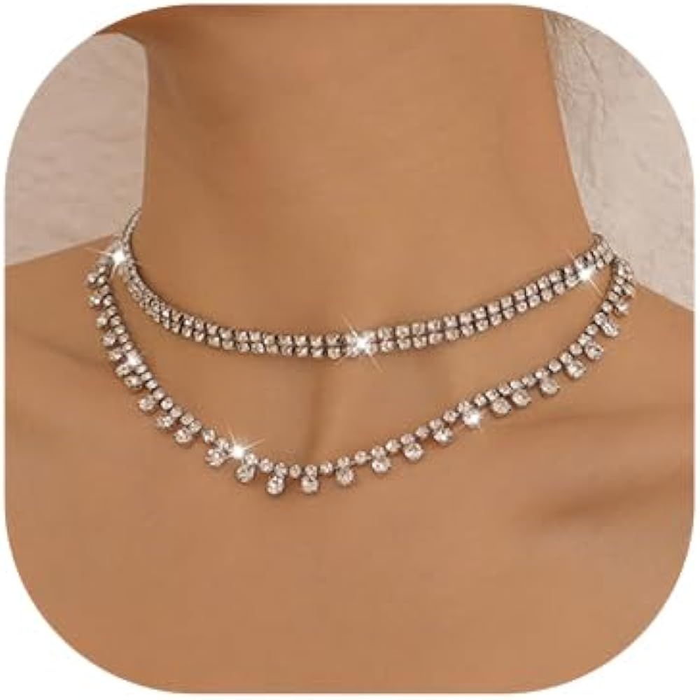 Layered Rhinestone Necklaces Silver Crystal Necklace Chains Sparkly Party Necklace Jewelry for Wo... | Amazon (US)