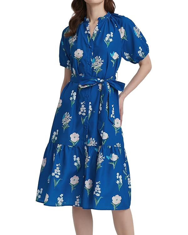 Women Summer Floral Midi Dress Puff Short Sleeve V Neck Button Belt Casual Flowy Maxi Beach Vacat... | Amazon (US)