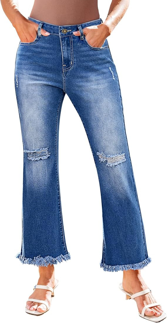 GRAPENT Flare Jeans for Women Trendy High Waisted Cropped Ripped Jeans Wide Leg Stretchy Denim An... | Amazon (US)