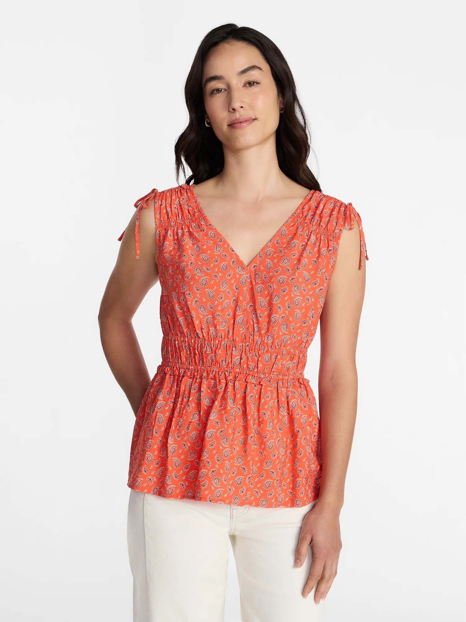 Time and Tru Women's Ruched Tie Shoulder Top, Sizes XS-XXXL | Walmart (US)