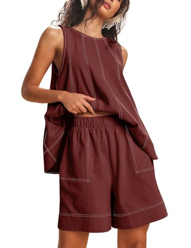 Gozoloma Womens 2 piece Outfits Sleeveless Matching Sets A Line Tank Tops Contrast Stitching High Waist Shorts with Pockets(Wine-S) | Amazon (US)