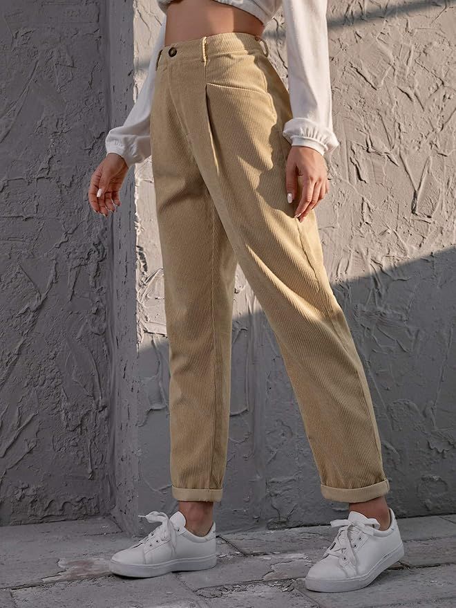 SOLY HUX Women's High Waisted Straight Leg Corduroy Pants Trousers with Pocket Khaki M at Amazon ... | Amazon (US)