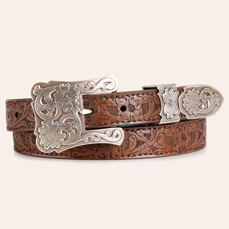 Catchfly Women's Brown Floral Tooled Silver Engraved Buckle Leather Belt | Cavender's