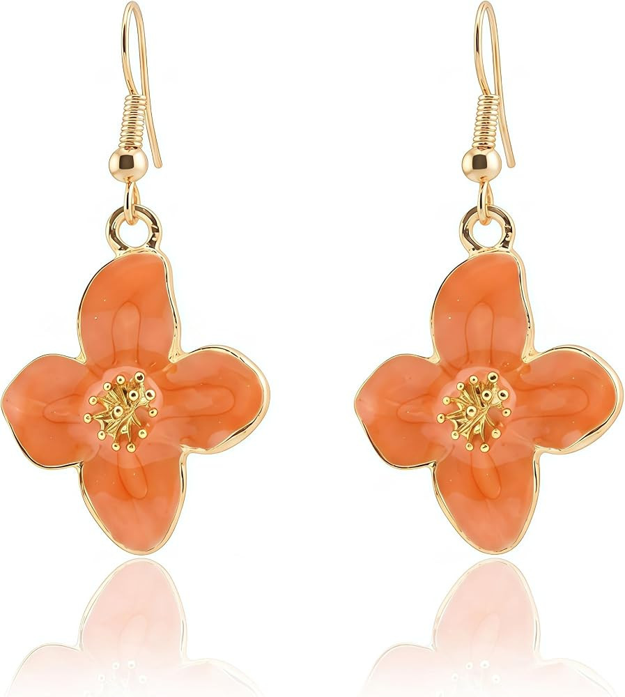Flower Drop Earrings for Women, Enamel Cherry Blossom Dangle Gold Fishhook Earrings, Minimalist F... | Amazon (US)