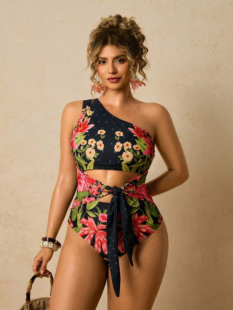 Travachic Plus Size Tropical Colorful Floral Print Asymmetrical Shoulder Hollow Out Tie-Front One-Piece Swimsuit | SHEIN
