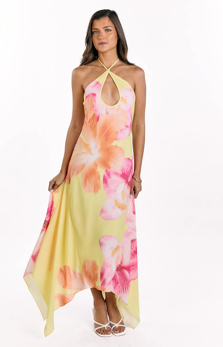 Elowen Yellow Hibiscus Floral Halter Maxi Dress | Beginning Boutique (US)