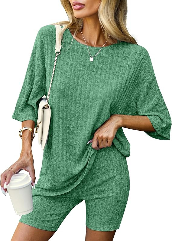 Pajamas 2 Piece Lounge Sets Ribbed Knit Matching Outfits T-shirt Biker Shorts Sleepwear Loungewea... | Amazon (US)
