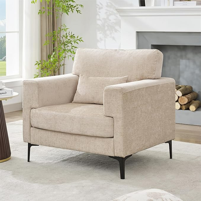 Oversized Chenille Armchair with Metal Legs,Comfy Accent Chair and a Half,Modern Century Single S... | Amazon (US)