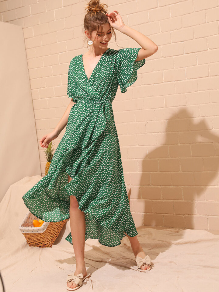 SHEIN VCAY Ditsy Floral Ruffled Self-Tie Wrap Dress | SHEIN