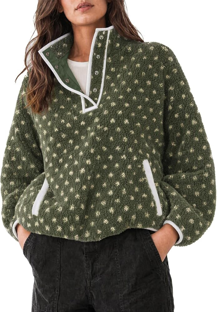 Fisoew Womens Fuzzy Fleece Casual Jackets Collared V Neck Pullover Tops | Amazon (US)