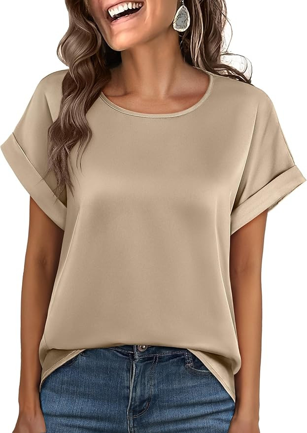 ANRABESS Women's Summer Dressy Casual Short Sleeve Shirts Crewneck Silk Satin Business Office Wor... | Amazon (US)