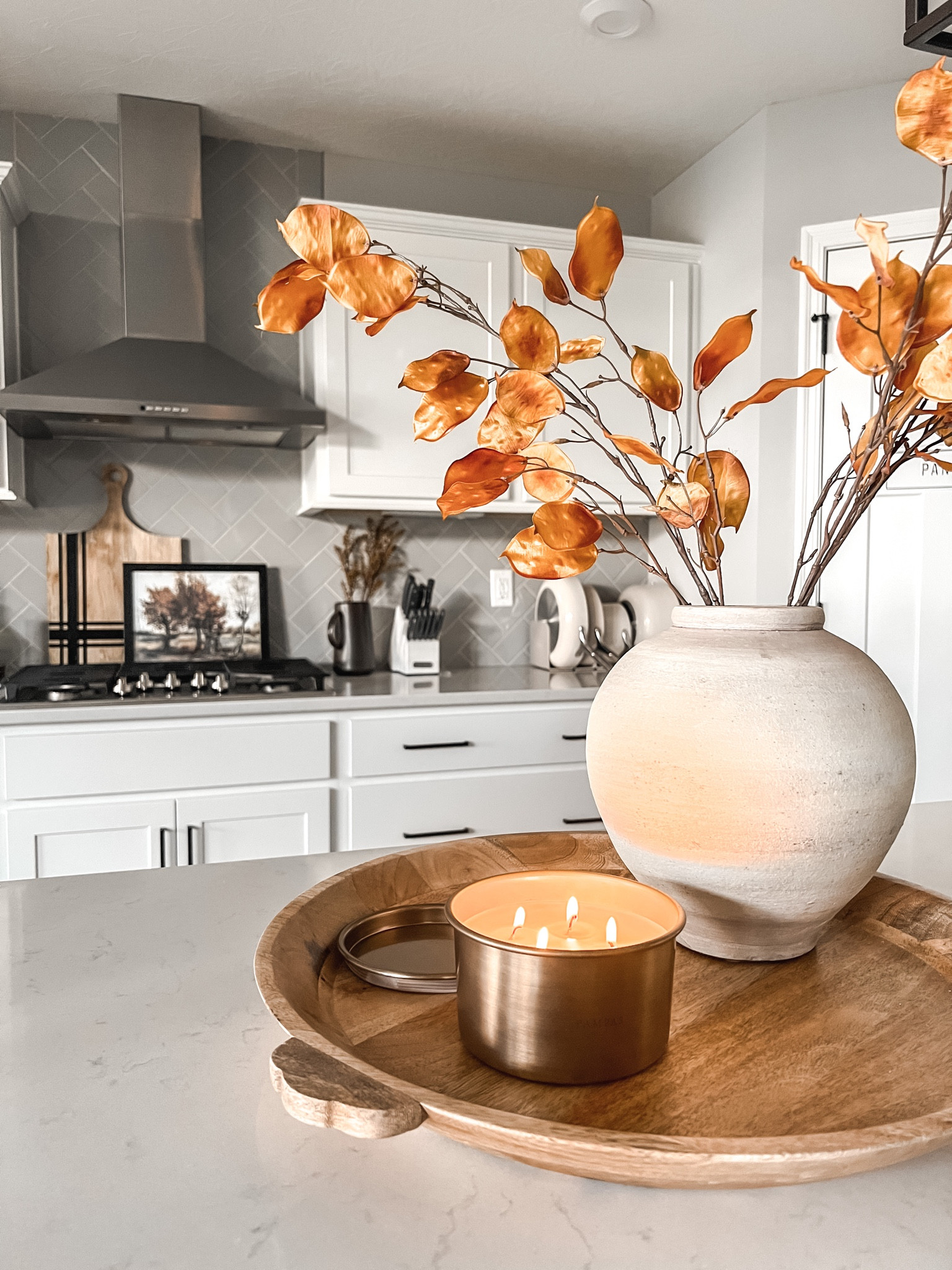 Fall Florals | Kitchen Island Decor | Kitchen Counter Styling | Tray Styling | Decorative Tray | Candle | Kitchen Essentials | Neutral Vase | Target | Pottery Barn

#LTKhome #LTKstyletip #LTKSeasonal