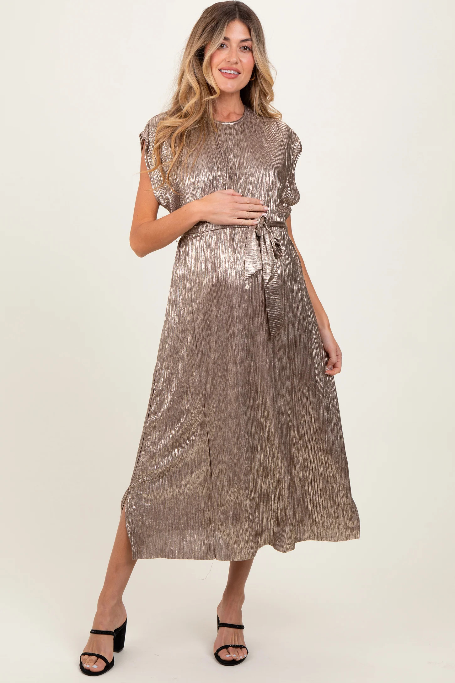 Dark Gold Metallic Maternity Sash Tie Dress | PinkBlush Maternity