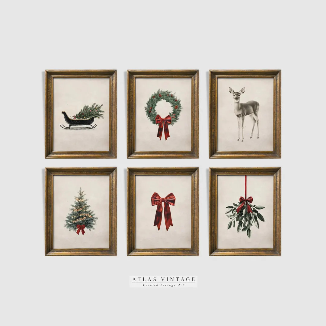 Vintage Christmas Printable Wall Art, Christmas Set of 6 Prints, Winter Gallery Wall Set, Xmas Sk... | Etsy (US)