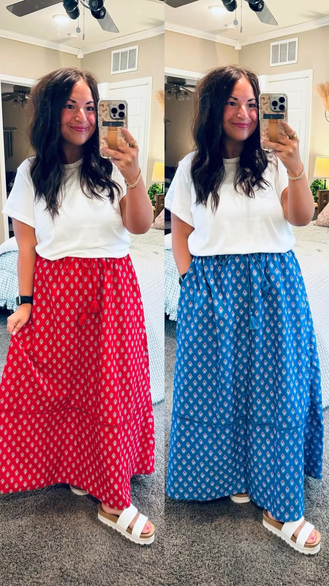 Maxi skirts are having a moment, and these Target finds are too good to pass up! ✨ Easy to dress up or keep casual, they're the perfect summer staple for everything from errands to weekend outings. Pair with a simple tank, graphic tee, or lightweight sweater for an effortlessly chic look. ☀️🤍

sandals: fit true to size // wearing a 5
maxi skirt: fits oversized // wearing a large
tee: fits true to size // wearing a large 

 #LTKootd #LTKMidsize #LTKWorkwear