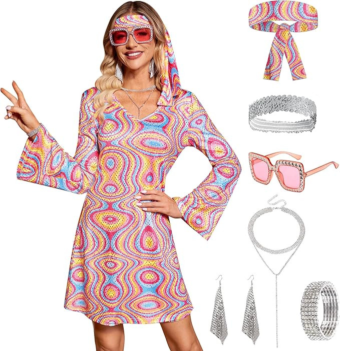 Clarisbelle Women's Halloween 7 Pcs Disco Dress Sequin 70s Costume Outfit | Amazon (US)