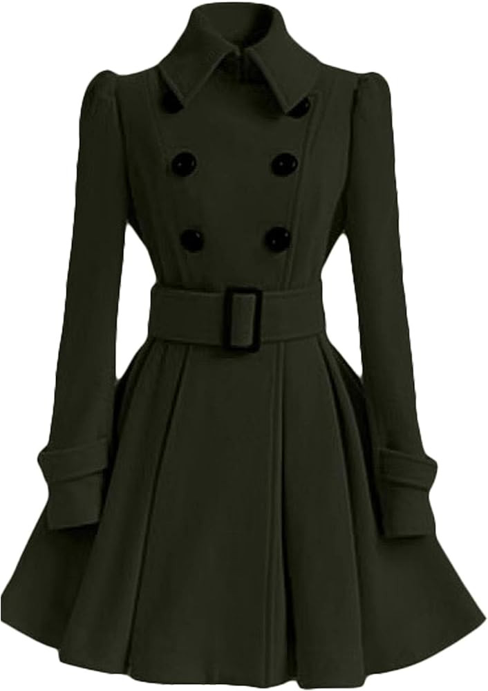 ECDAHICC Women Swing Double Breasted Wool Pea Coat with Belt Buckle SpringLong Sleeve Lapel Dress... | Amazon (US)