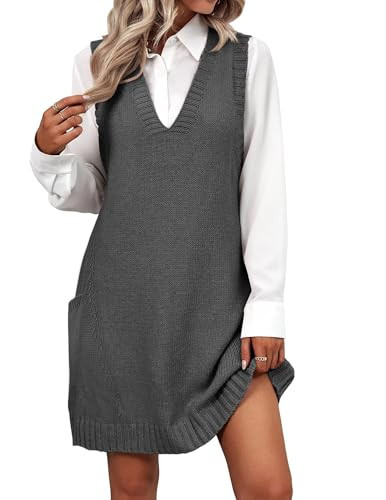 Zeagoo Women Sleeveless Knitted Dress Trendy 2025 Knit Sweater Vest Dress with Pockets Loose Swing Sweater Vests, Dark Grey L | Amazon (US)