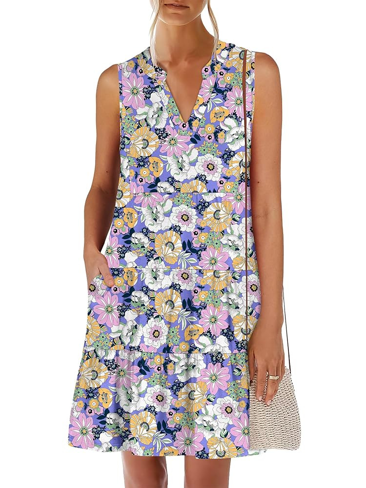 ANRABESS Womens Mini Dresses Sleeveless V Neck Tiered Swing Going Out Beach Vacation Sundress 202... | Amazon (US)