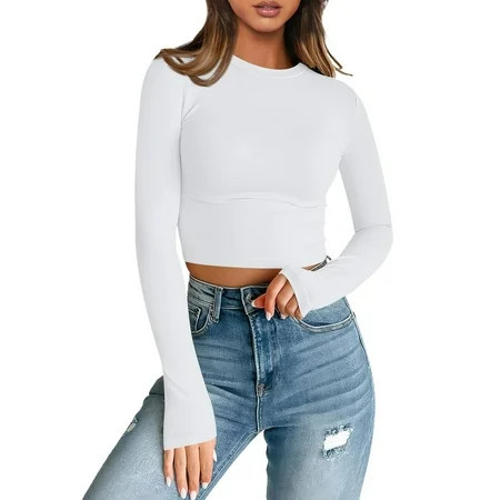 Long Sleeve Tops Coloured Scoop Neck Slim Fit Crop Top Long Sleeve Crop Tops for Women White Size XL | Walmart (US)