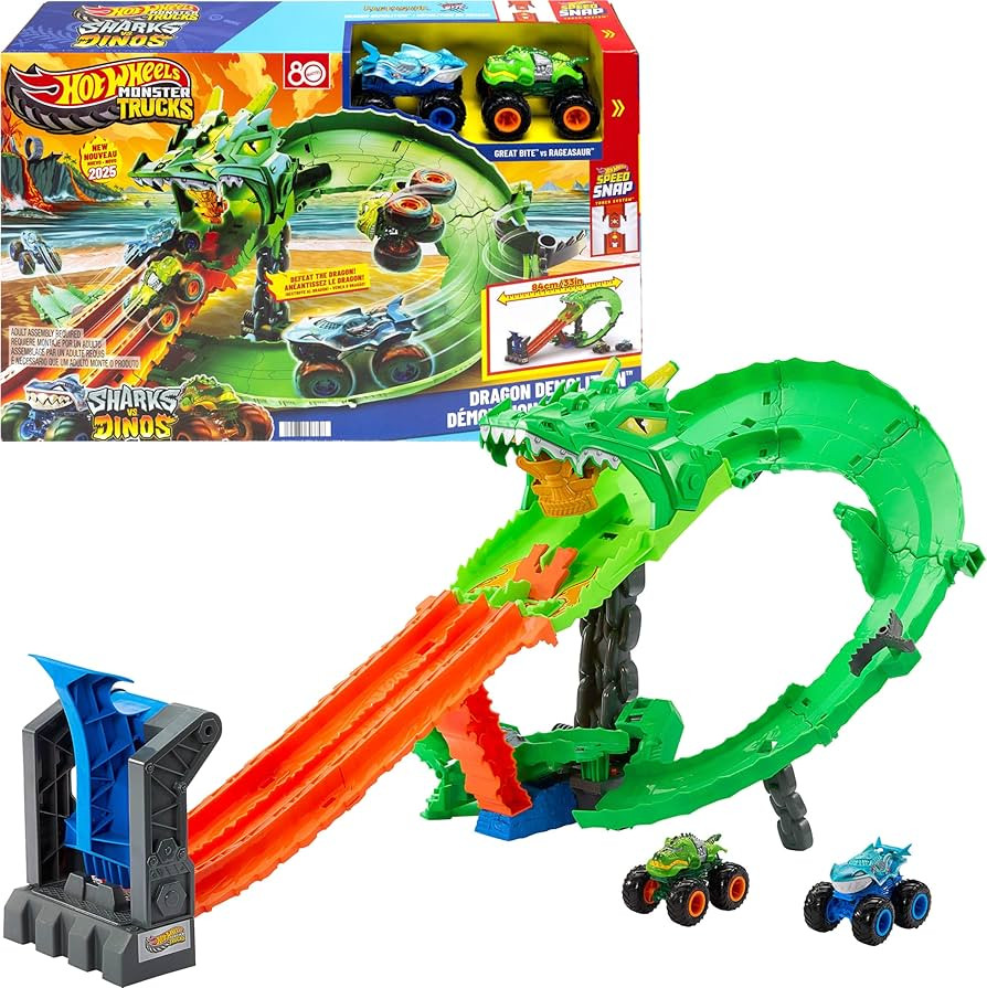 Hot Wheels Toy Monster Trucks, Sharks vs. Dinos Dragon Destruction Playset with 1:64 Scale Great ... | Amazon (US)