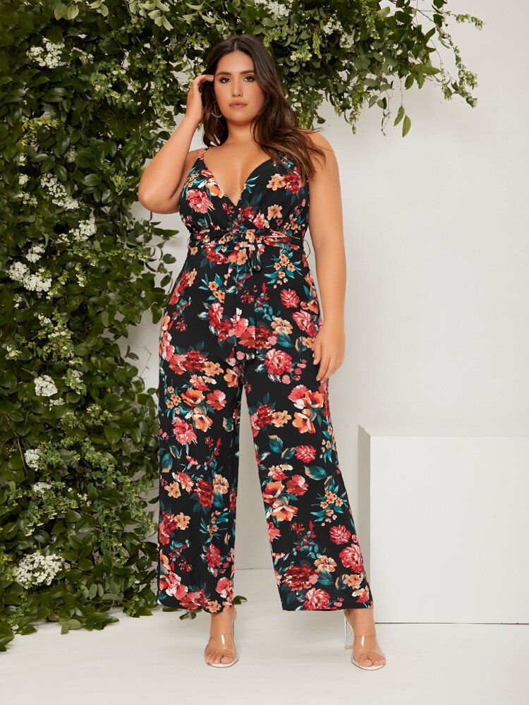 SHEIN Plus Floral Print Belted Cami Jumpsuit | SHEIN