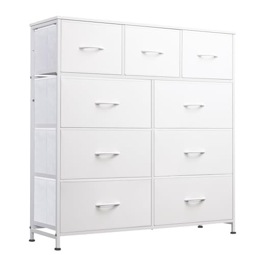 WLIVE 9-Drawer Dresser, Fabric Storage Tower for Bedroom, Hallway, Closet, Tall Chest Organizer Unit for Bedroom with Fabric Bins, Steel Frame, Wood Top, Easy Pull Handle, White | Amazon (US)