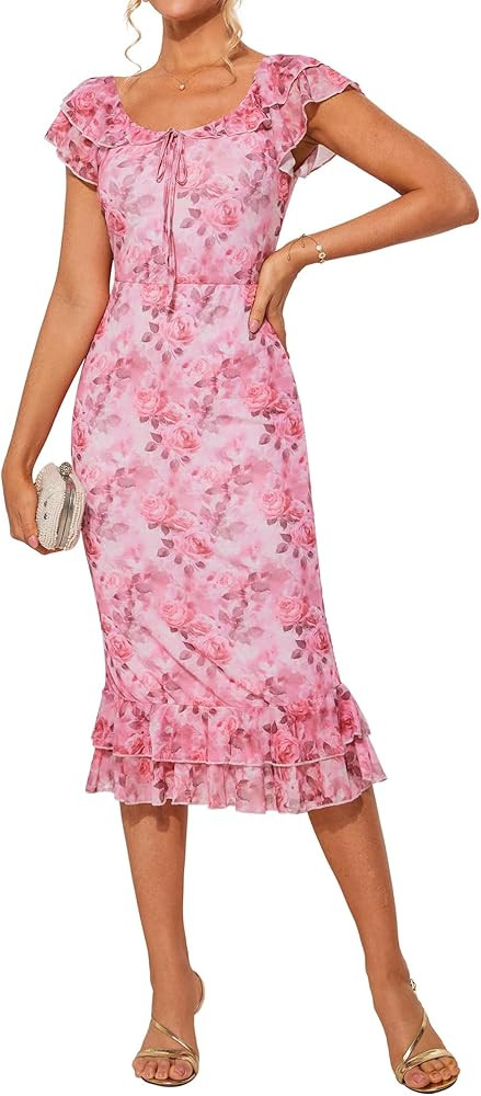 GRACE KARIN Women's Summer Floral Midi Dress Wedding Guest Party Dress Mermaid Bodycon Mesh Ruffl... | Amazon (US)