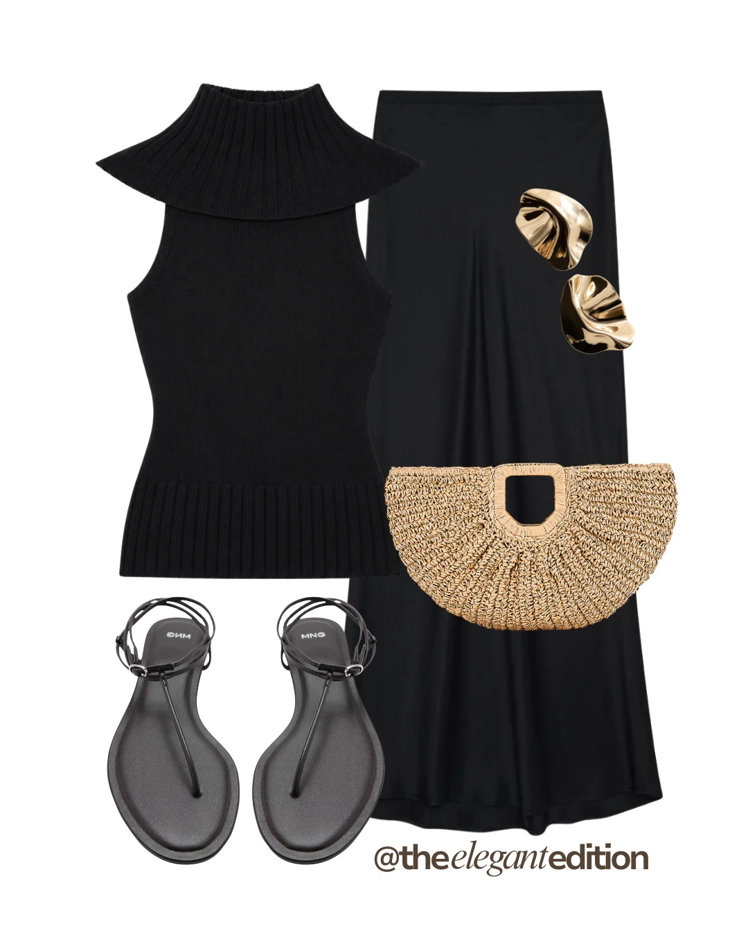 HALTER NECK LOOK - An effortless all black summer outfit. Black ribbed halter neck top, black midi skirt, raffia clutch and flat sandals — perfect for evening or dinner out #halterneck #blackoutfit #sandals #LTKspring #LTKsummer #LTKstyletip 

 #LTKsummer #LTKpartywear #LTKdatenight