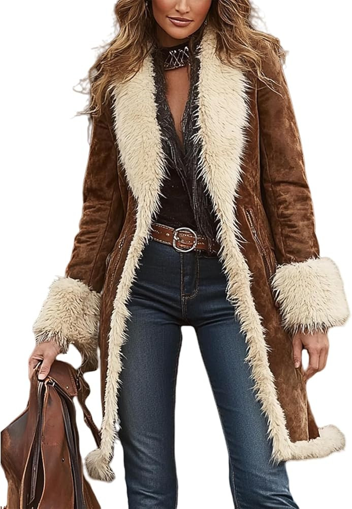Long Winter Coats for Women Faux Suede Shearling Jacket Fur Coat Long Sleeve Elegant Open Front R... | Amazon (US)