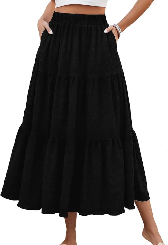 HUSKARY Women's Summer Casual Elegant Smock Layered Tiered Maxi Skirt High Waisted A Line Flowy L... | Amazon (US)