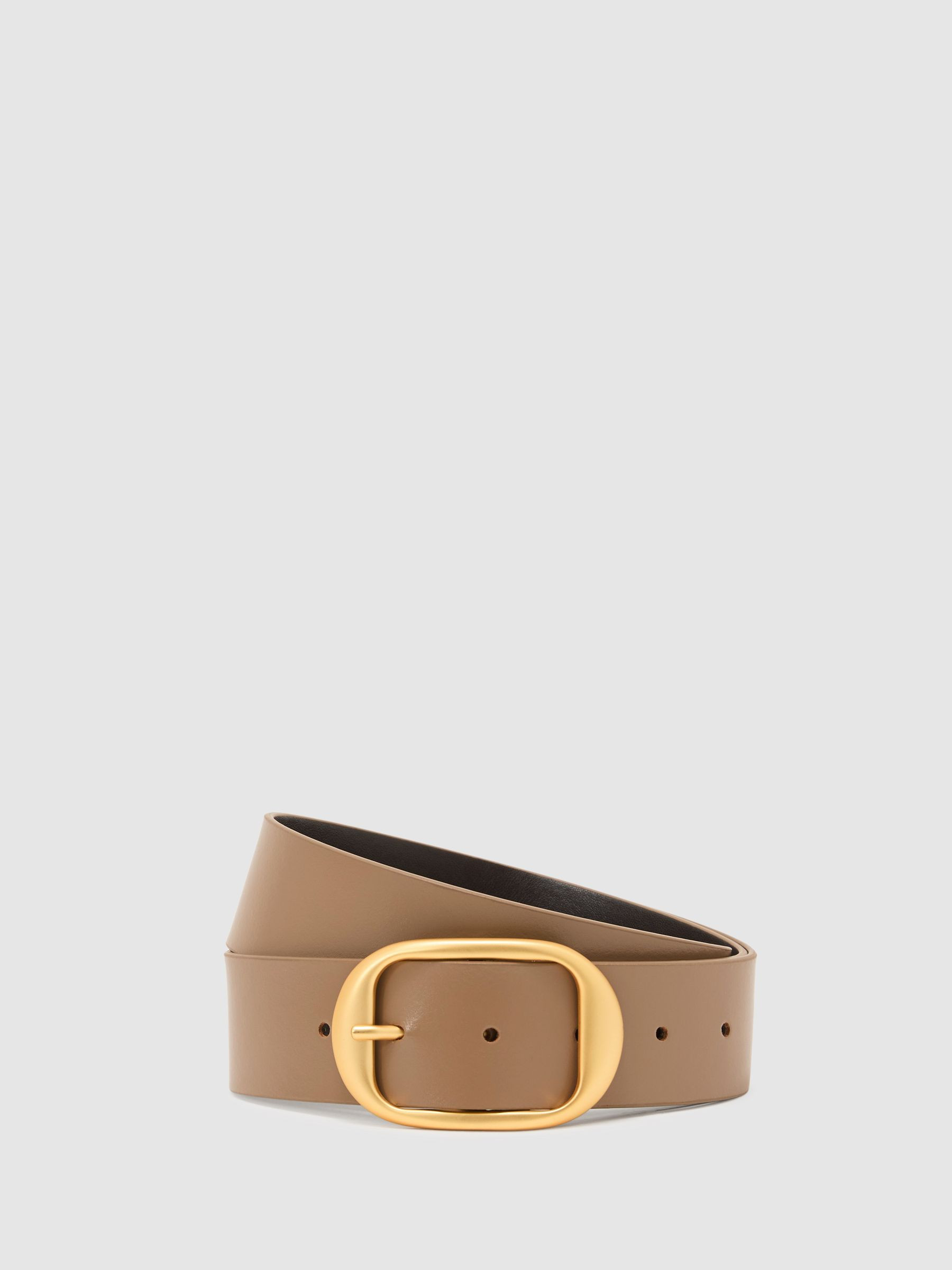 Reiss Leather Oval-Buckle Belt in Taupe - REISS | Reiss UK
