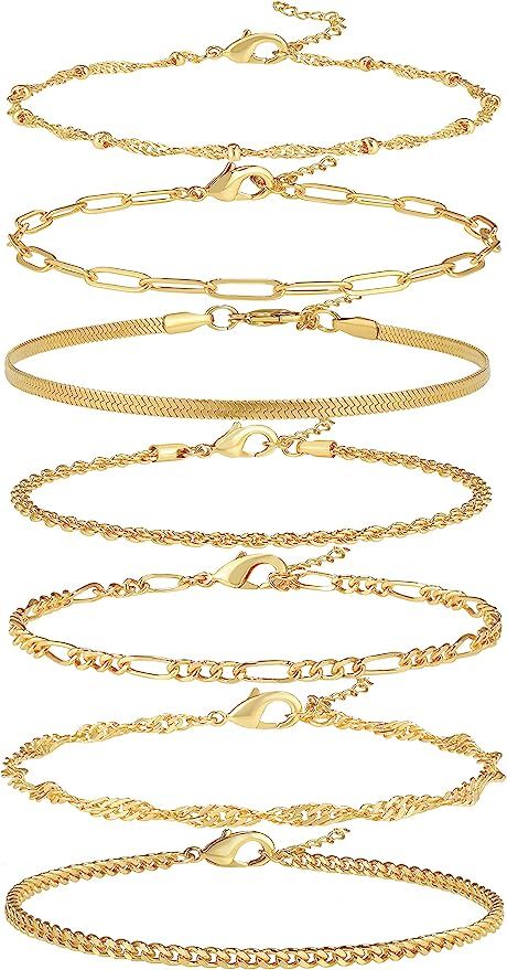 Reoxvo Dainty Gold & Silver Chain Jewelry Bracelets Set for Women 14K Gold Plated Layered Stack A... | Amazon (US)