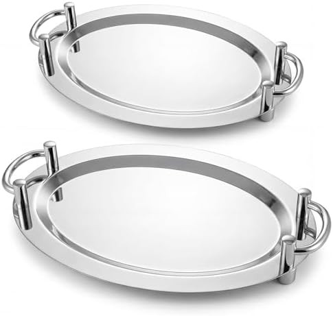 2 Pcs Stainless Steel Serving Tray, Heavy Duty Portable Metal Serving Tray with Handle Mirror Pol... | Amazon (US)