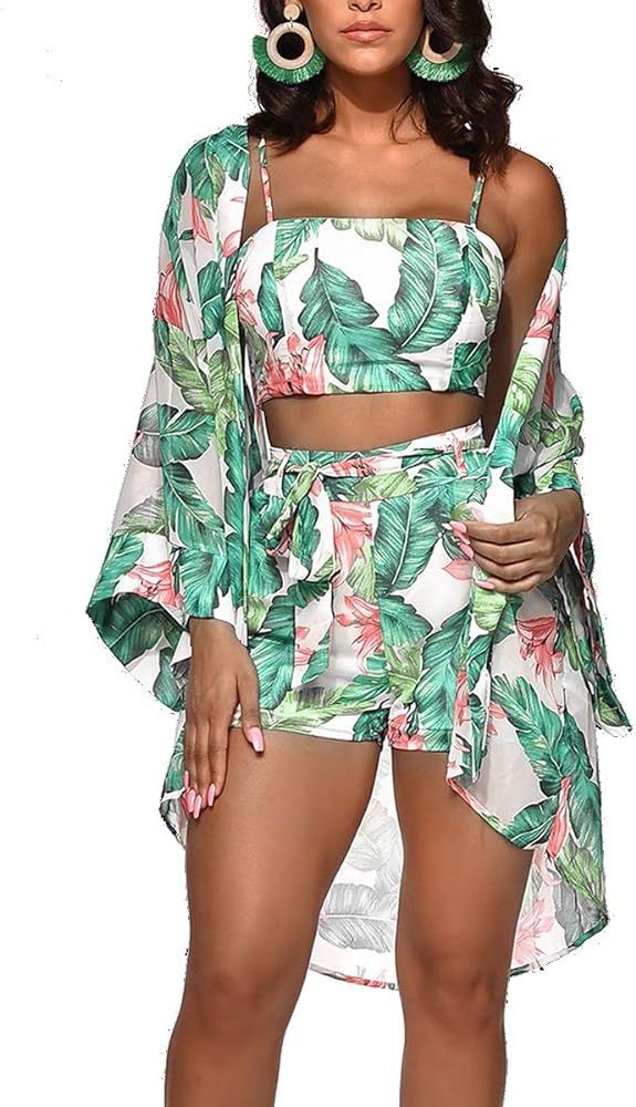 Womens Hawaiian Outfits 3 Piece Swimsuit Summer Beach Cover Ups Floral Kimono Cardigans Swimwear | Amazon (US)